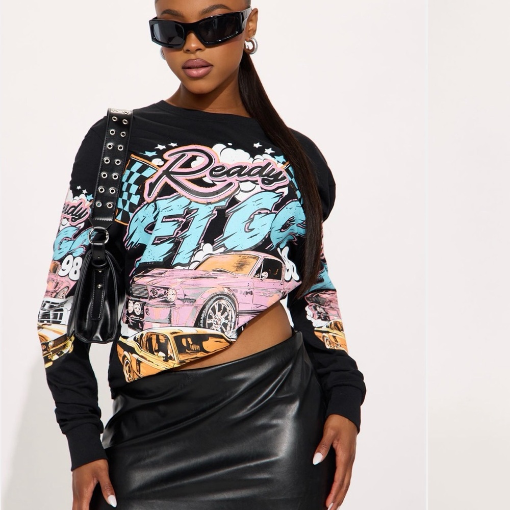 Fashion Nova Black and Pink Graphic Long Sleeve Tee
